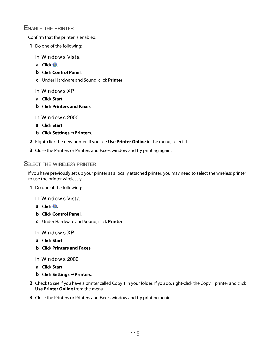 Lexmark 3600 Series manual 115, Enable the Printer, Click Settings ŒPrinters, Select the Wireless Printer 