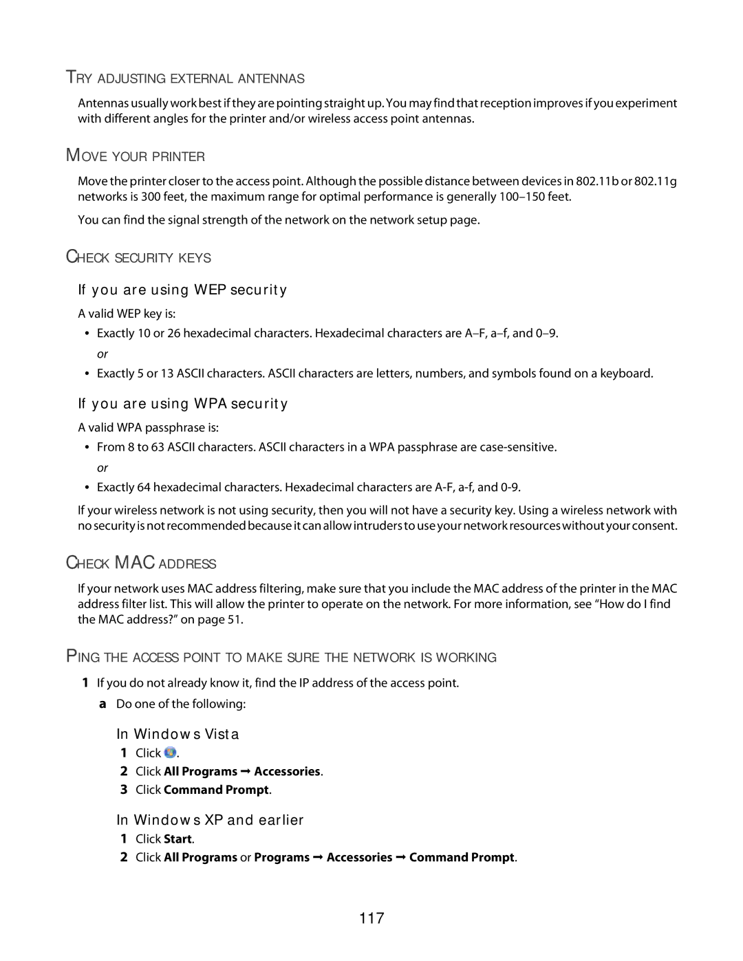 Lexmark 3600 Series manual 117, If you are using WEP security, If you are using WPA security 