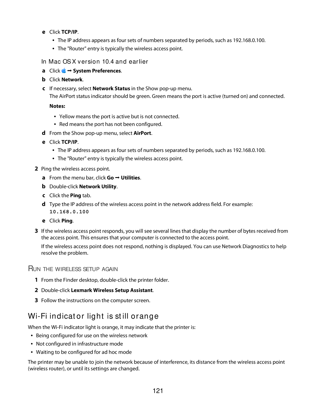 Lexmark 3600 Series manual Wi-Fi indicator light is still orange, 121, Mac OS X version 10.4 and earlier 