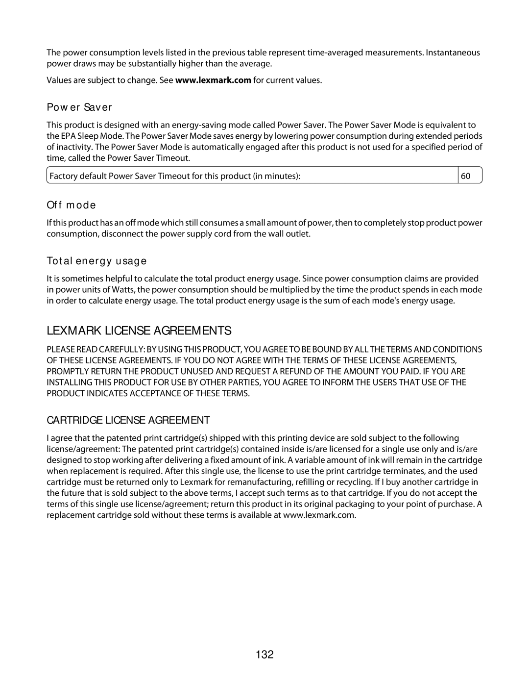 Lexmark 3600 Series manual 132, Power Saver, Off mode, Total energy usage 