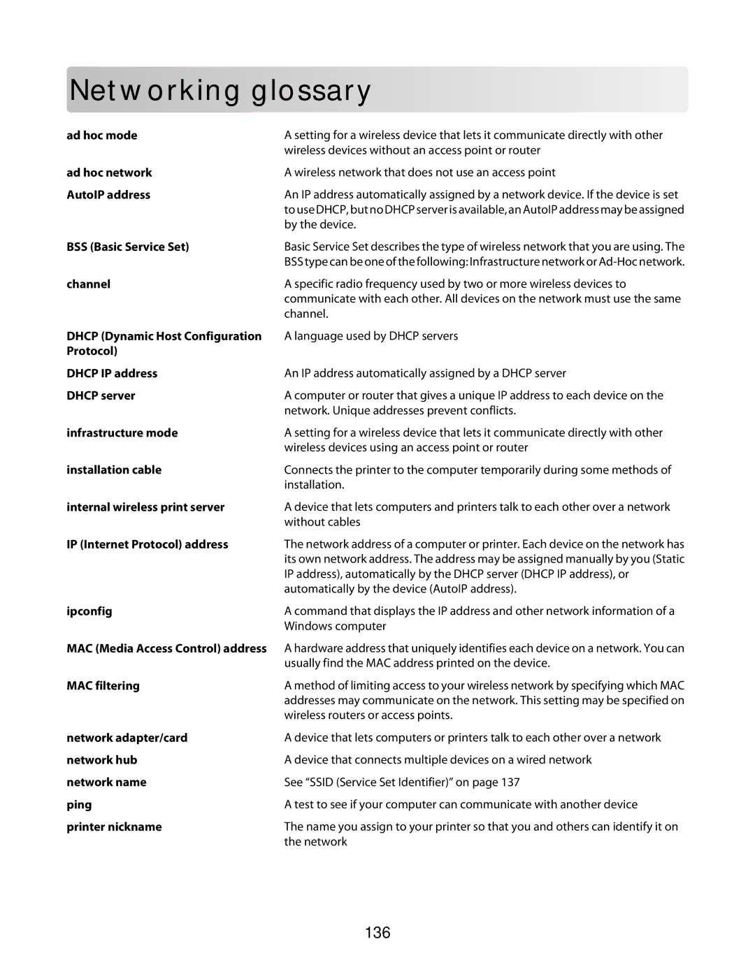 Lexmark 3600 Series manual Netwo rking glo ssary, 136 