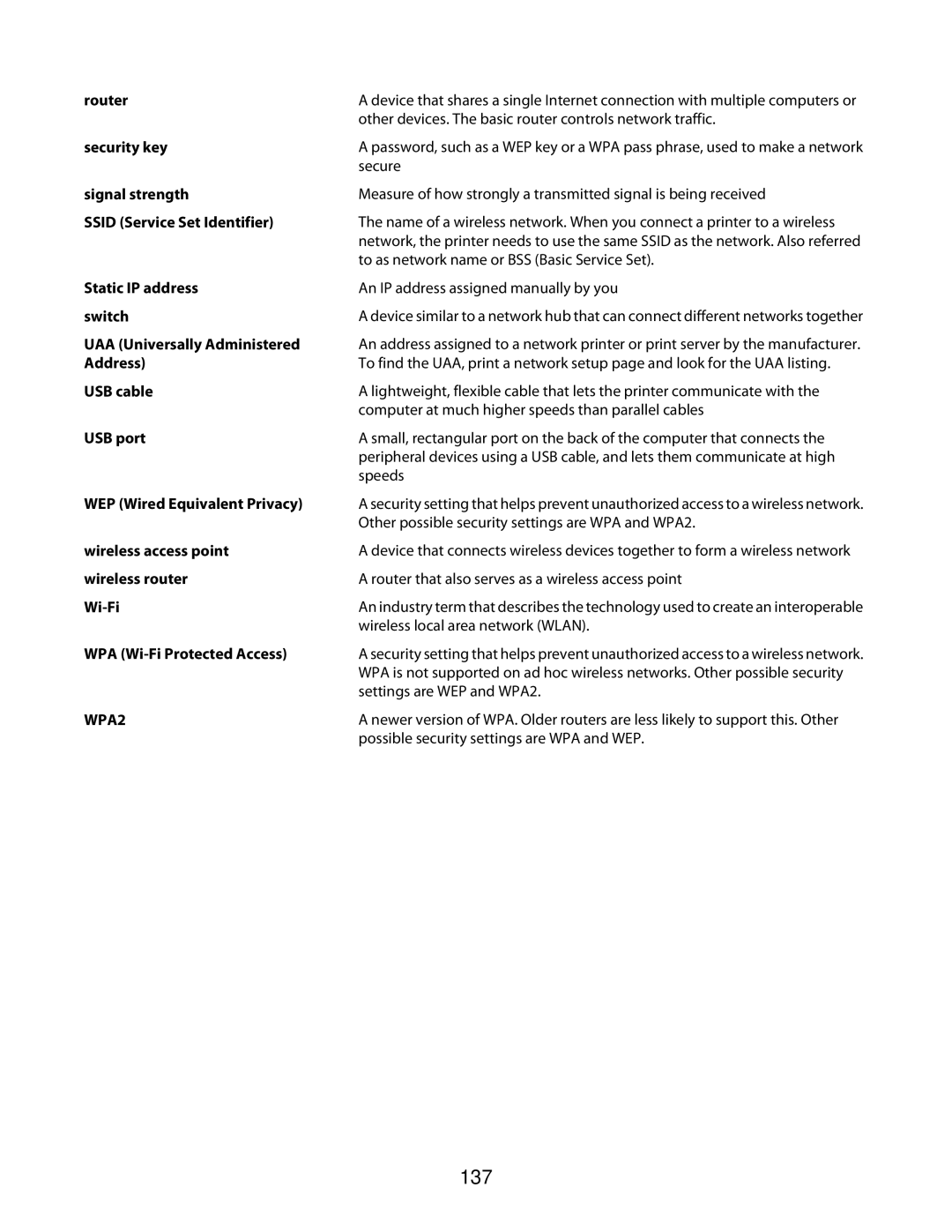 Lexmark 3600 Series manual 137, WPA Wi-Fi Protected Access 