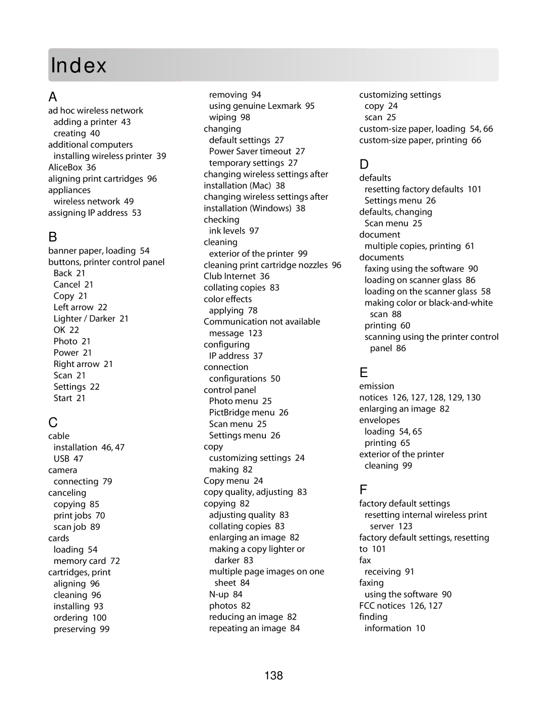 Lexmark 3600 Series manual Index, 138 