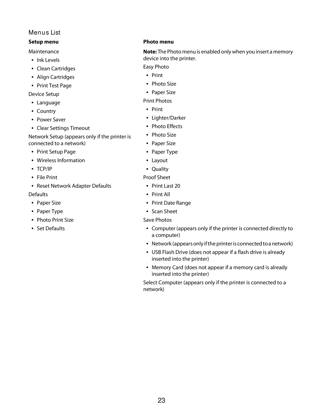 Lexmark 3600 Series manual Menus List, Setup menu, Photo menu 