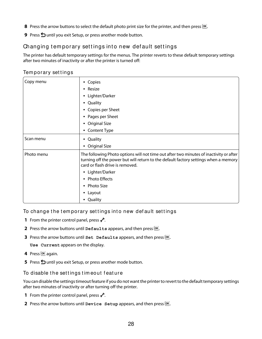 Lexmark 3600 Series manual Changing temporary settings into new default settings, Temporary settings 