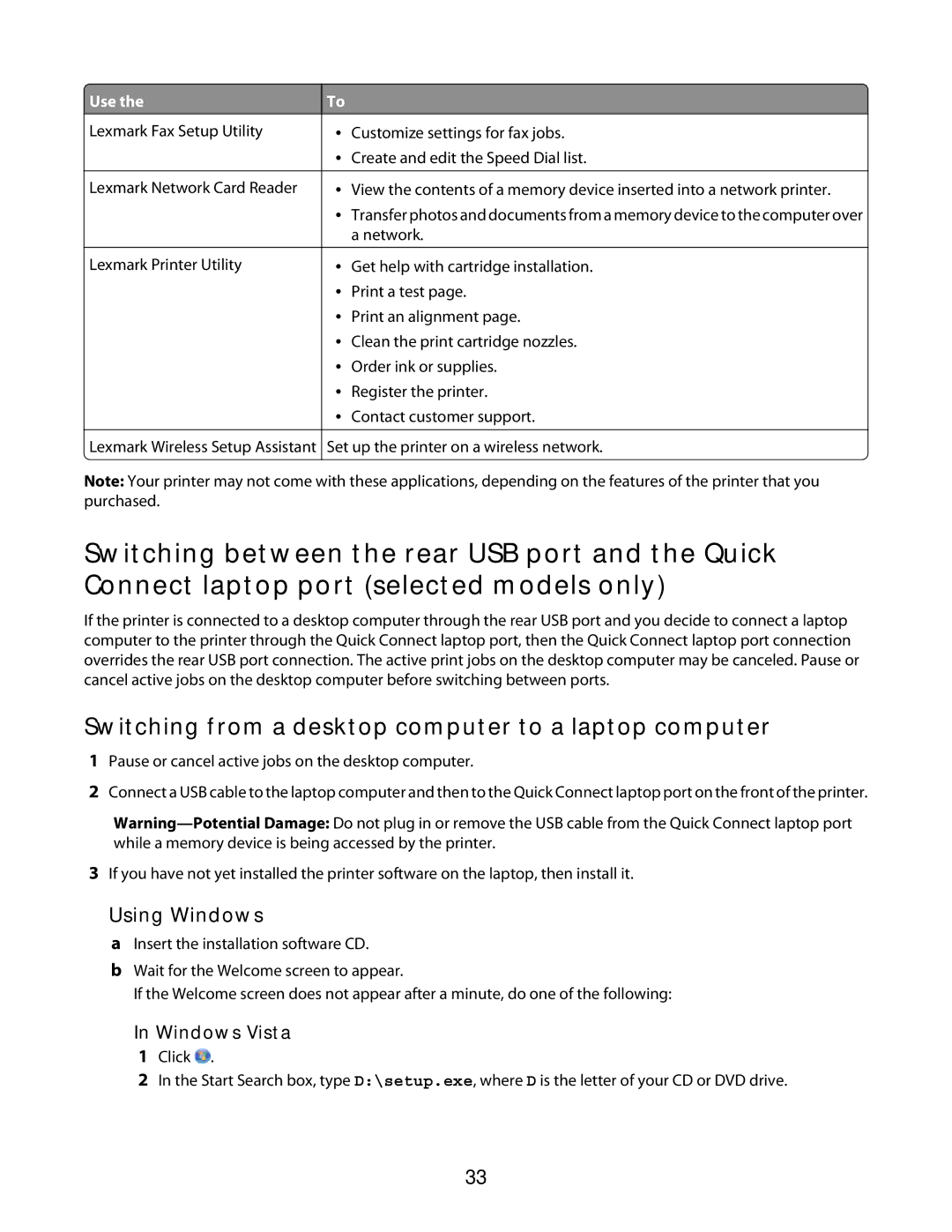 Lexmark 3600 Series manual Switching from a desktop computer to a laptop computer, Windows Vista 