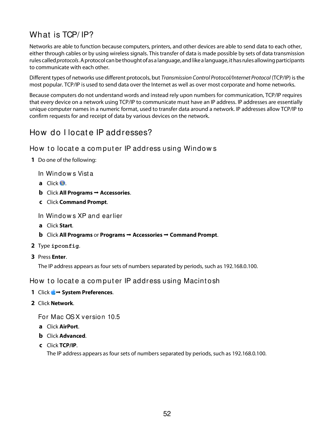 Lexmark 3600 Series What is TCP/IP?, How do I locate IP addresses?, How to locate a computer IP address using Windows 