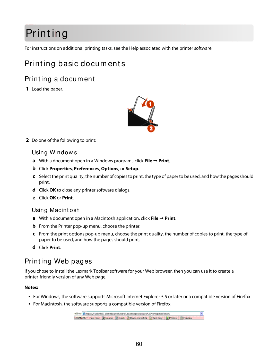 Lexmark 3600 Series manual Prin ting, Printing basic documents, Printing a document, Printing Web pages 