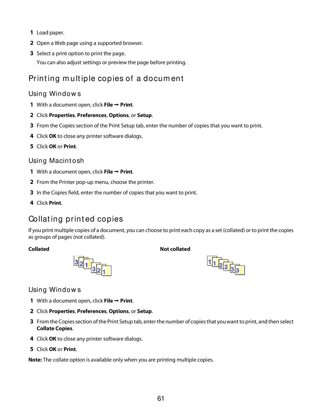 Lexmark 3600 Series manual Printing multiple copies of a document, Collating printed copies, Collated 