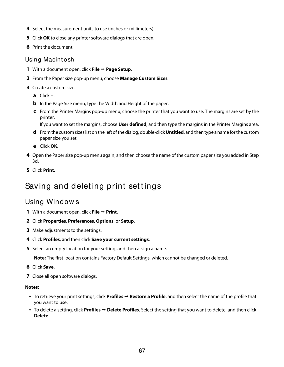 Lexmark 3600 Series manual Saving and deleting print settings, Click Profiles, and then click Save your current settings 