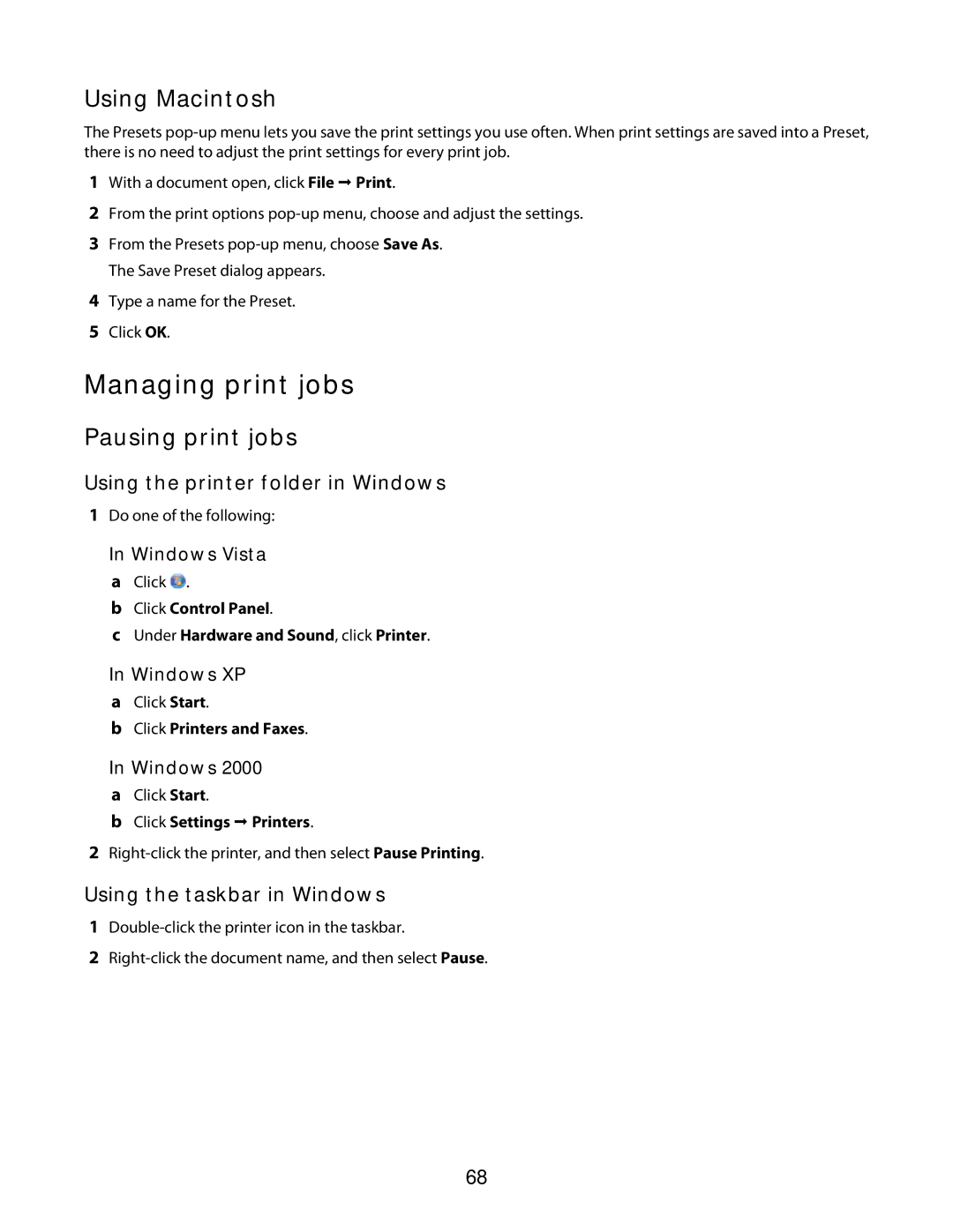 Lexmark 3600 Series manual Managing print jobs, Pausing print jobs, Using the printer folder in Windows 