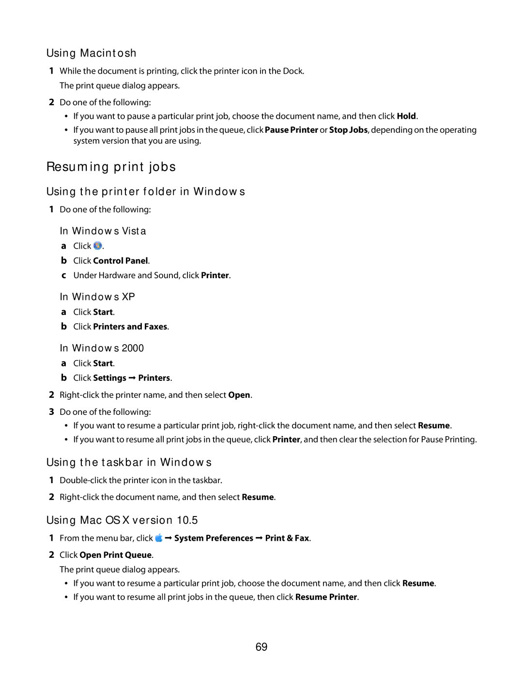 Lexmark 3600 Series manual Resuming print jobs, Using Mac OS X version, Click Control Panel 