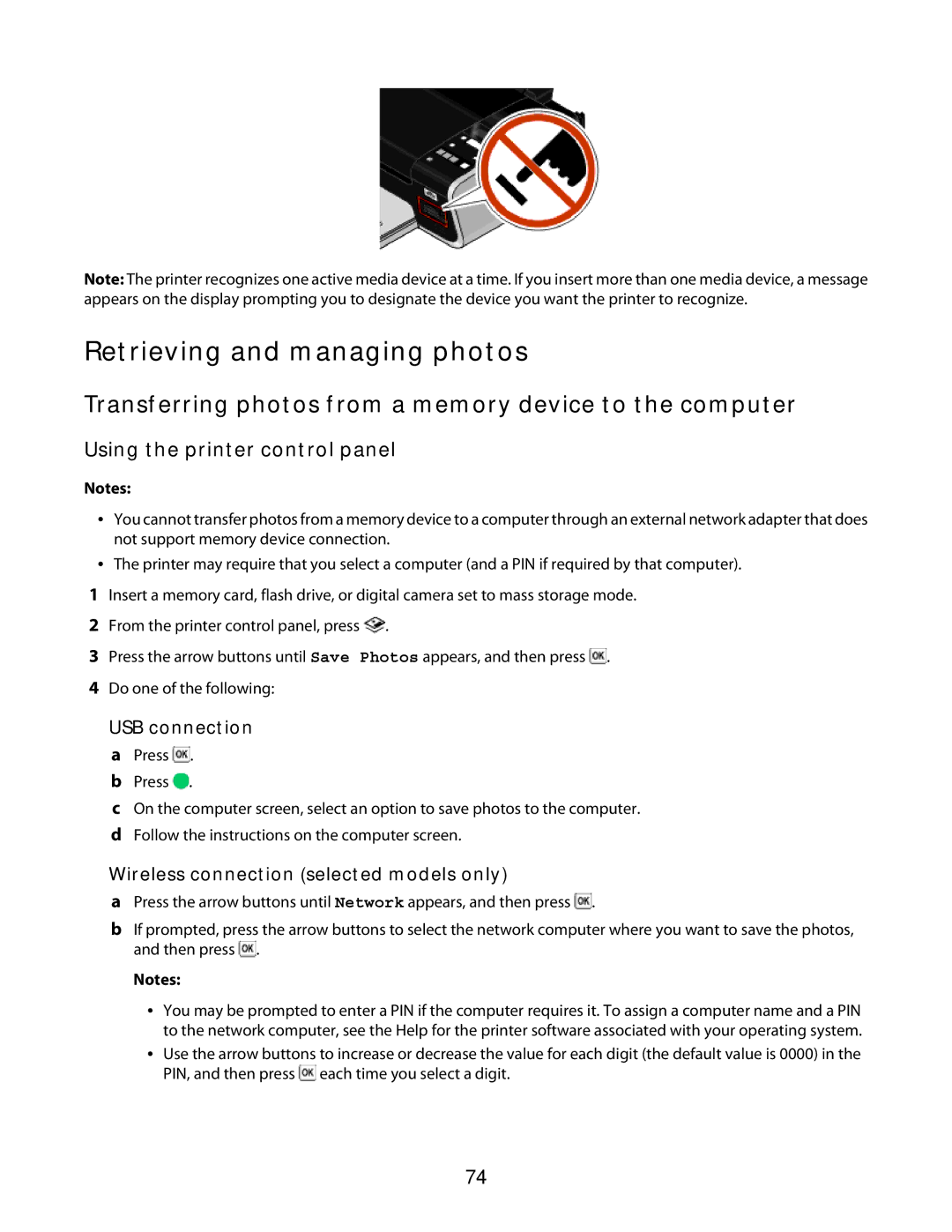 Lexmark 3600 Series manual Retrieving and managing photos, Transferring photos from a memory device to the computer 