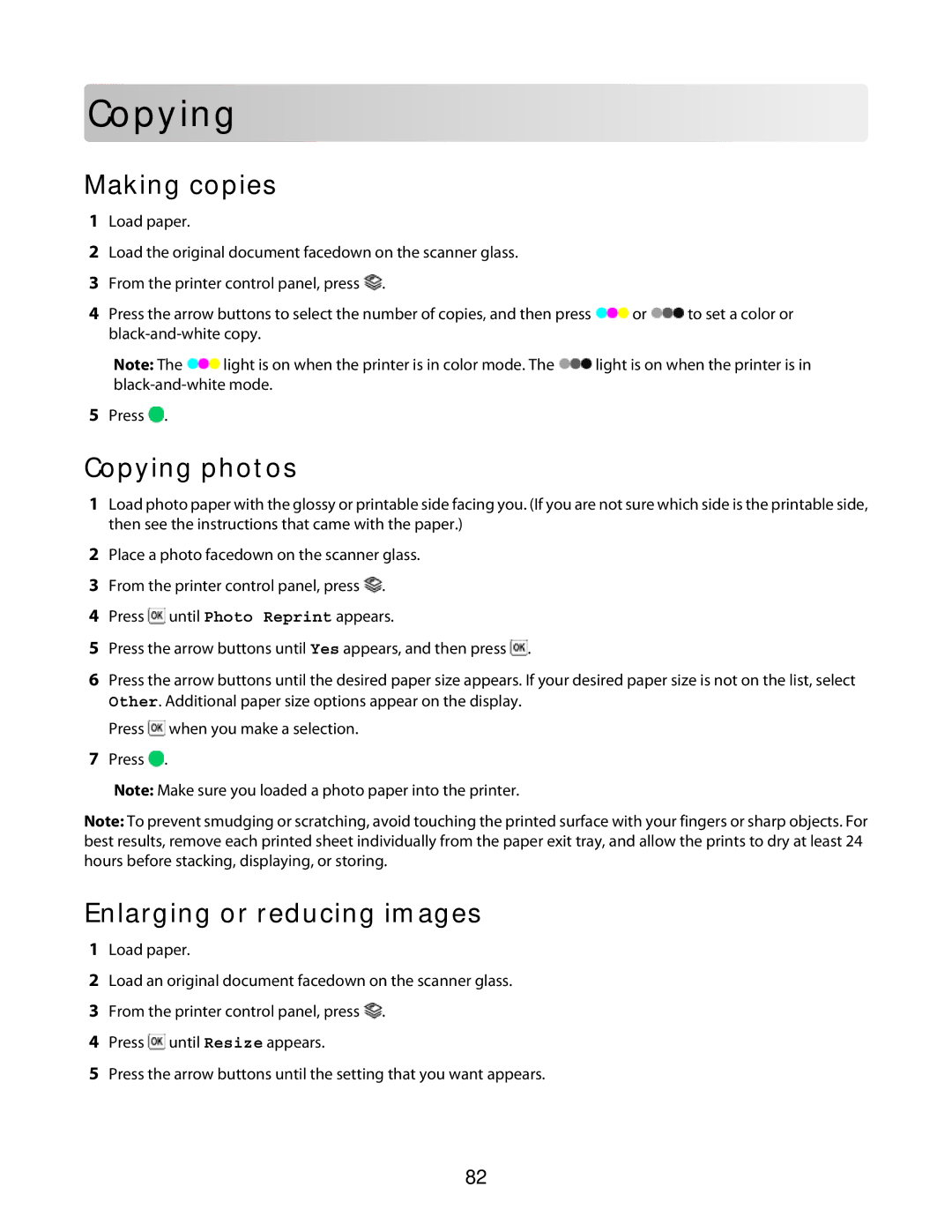 Lexmark 3600 Series manual Cop ying, Making copies, Copying photos, Enlarging or reducing images 