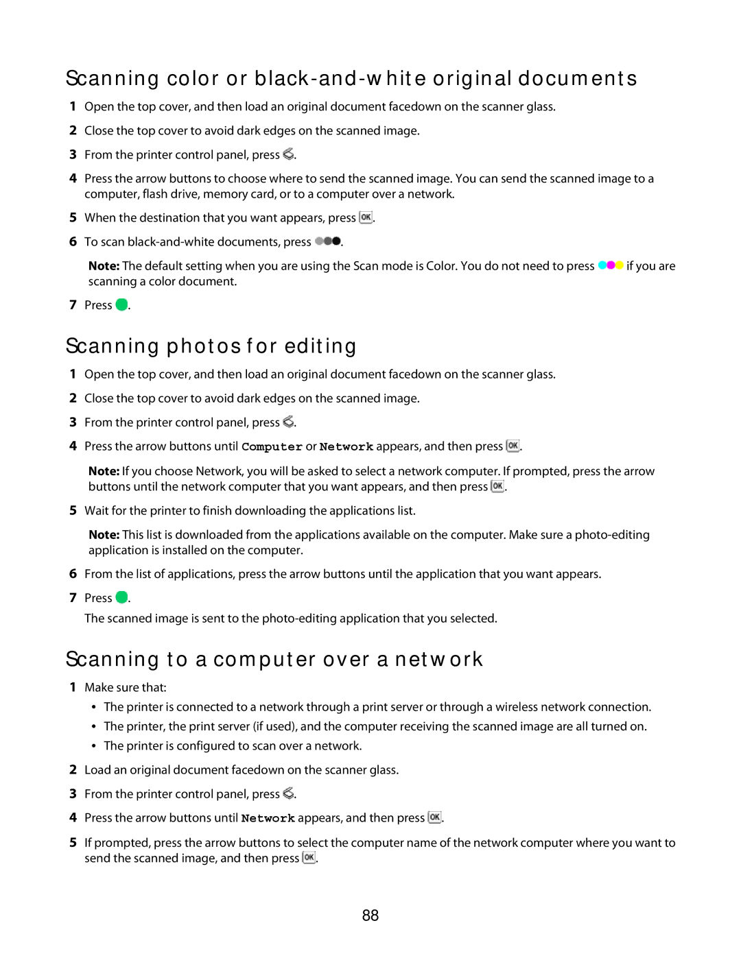 Lexmark 3600 Series manual Scanning color or black-and-white original documents, Scanning photos for editing 