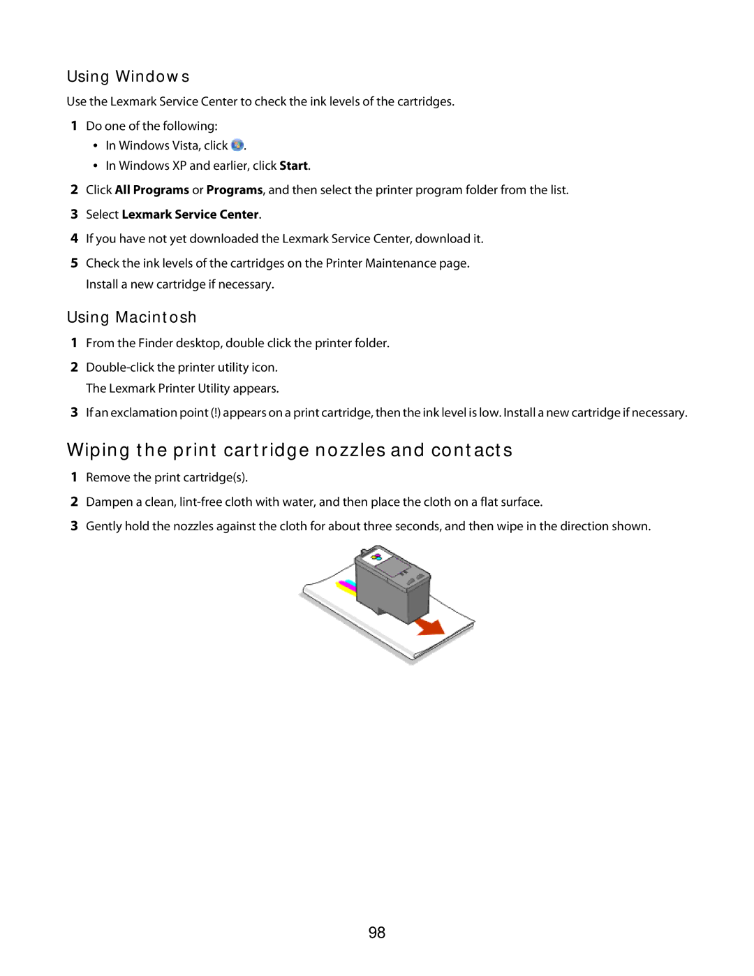 Lexmark 3600 Series manual Wiping the print cartridge nozzles and contacts, Select Lexmark Service Center 