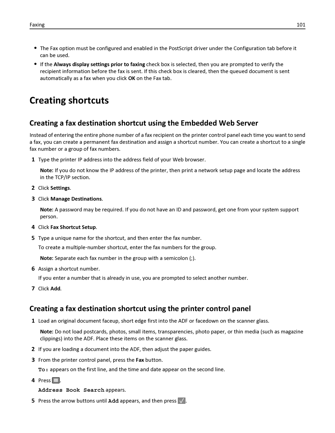 Lexmark 138, 387, 386, 383, 382, 356, 352, 332, 336 Creating shortcuts, Press the arrow buttons until Add appears, and then press 