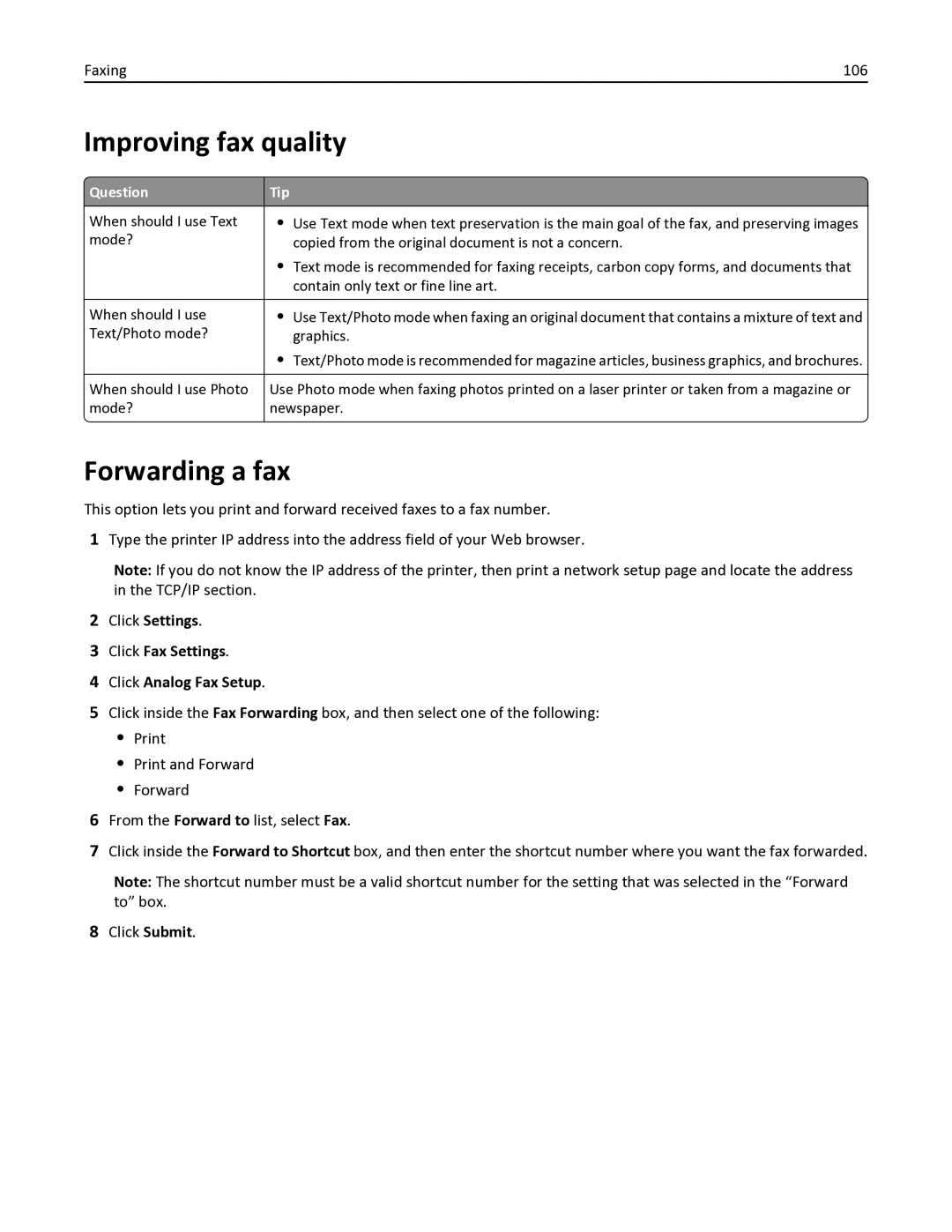 Lexmark 386, 387, 383, 382, 356, 352, 332, 336, 333, 337, 133, 138, 131, 26C0235 Improving fax quality, Forwarding a fax, Faxing 106 