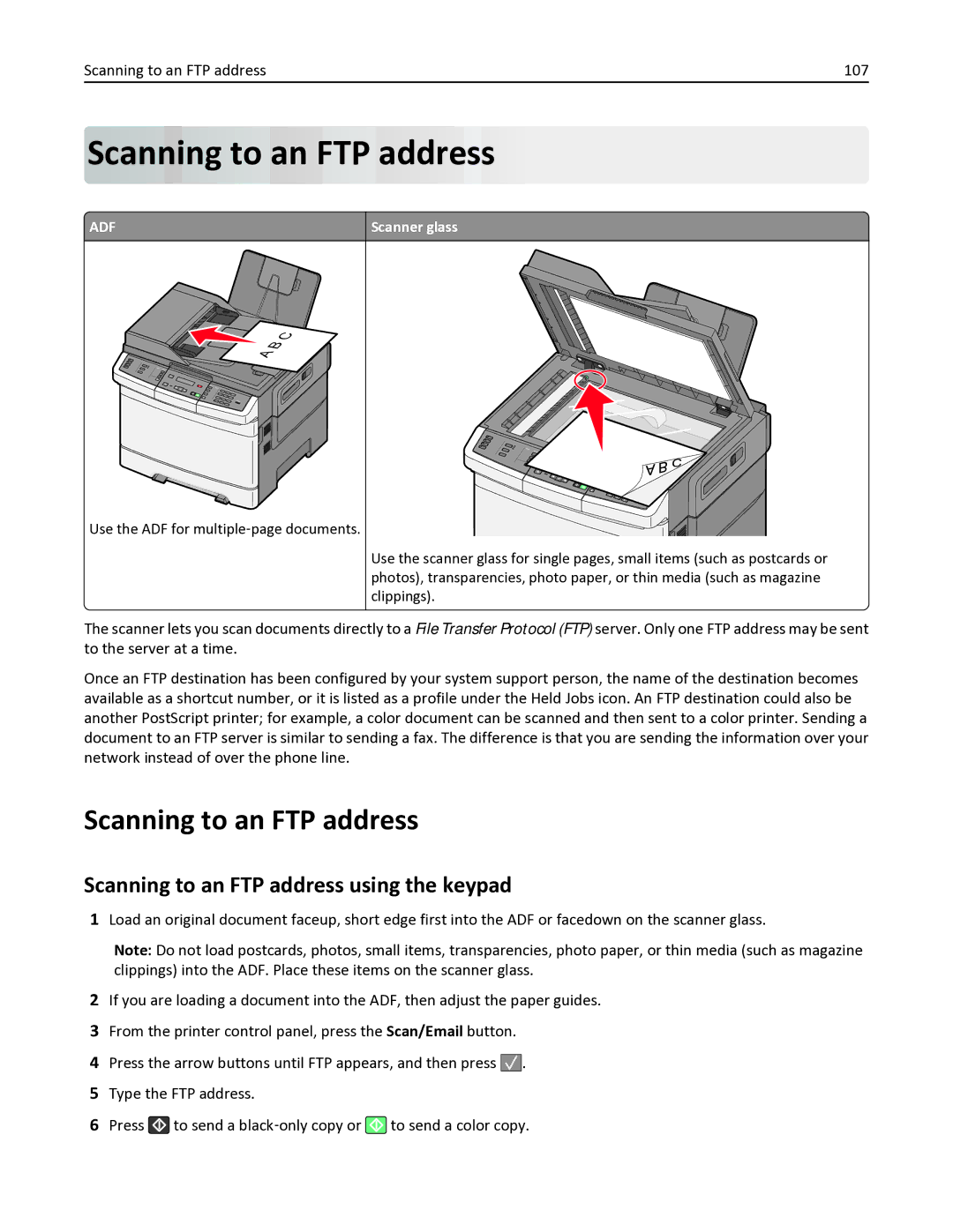 Lexmark 383, 387, 386, 382, 356, 352, 332, 336 Scanning to an FTP address using the keypad, Scanning to an FTP address 107 