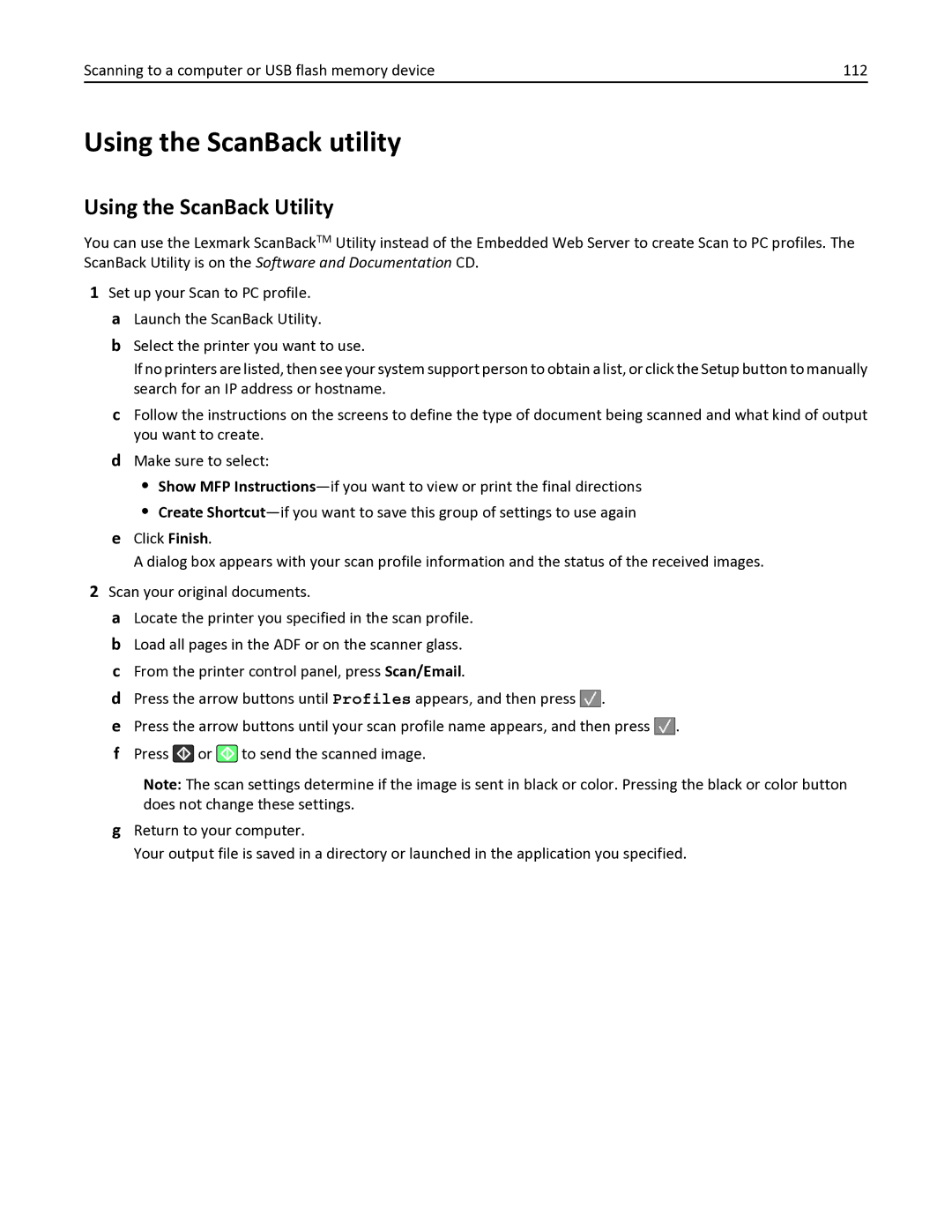 Lexmark 336 Using the ScanBack utility, Using the ScanBack Utility, Scanning to a computer or USB flash memory device 112 