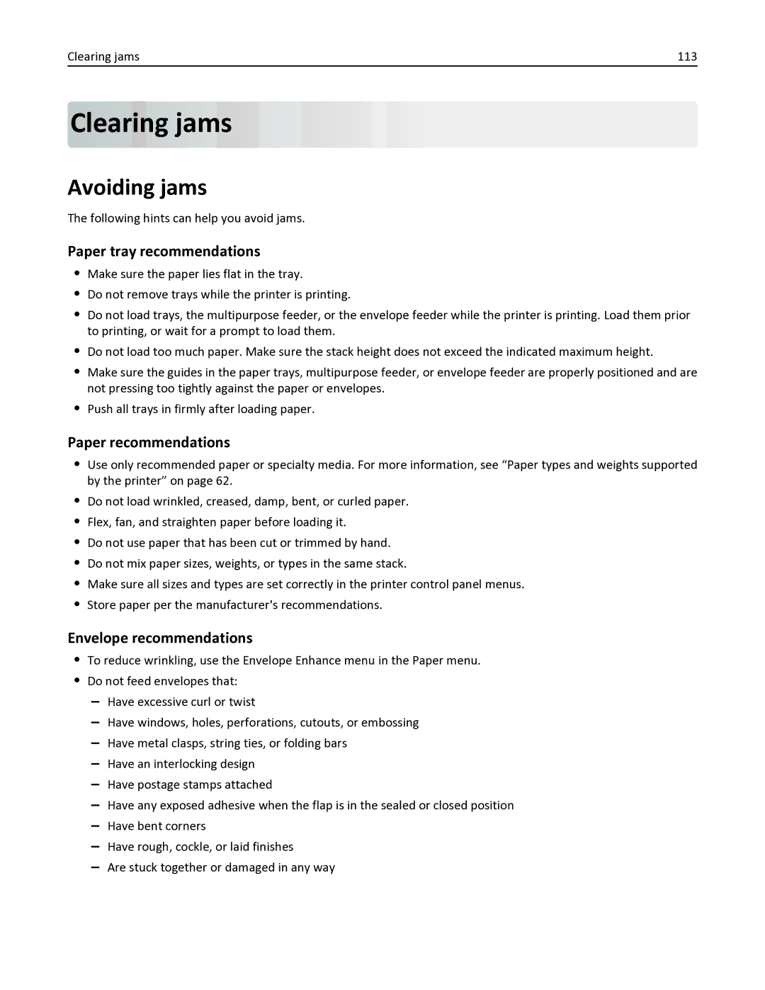 Lexmark 333, 387 Clearing jams, Avoiding jams, Paper tray recommendations, Paper recommendations, Envelope recommendations 