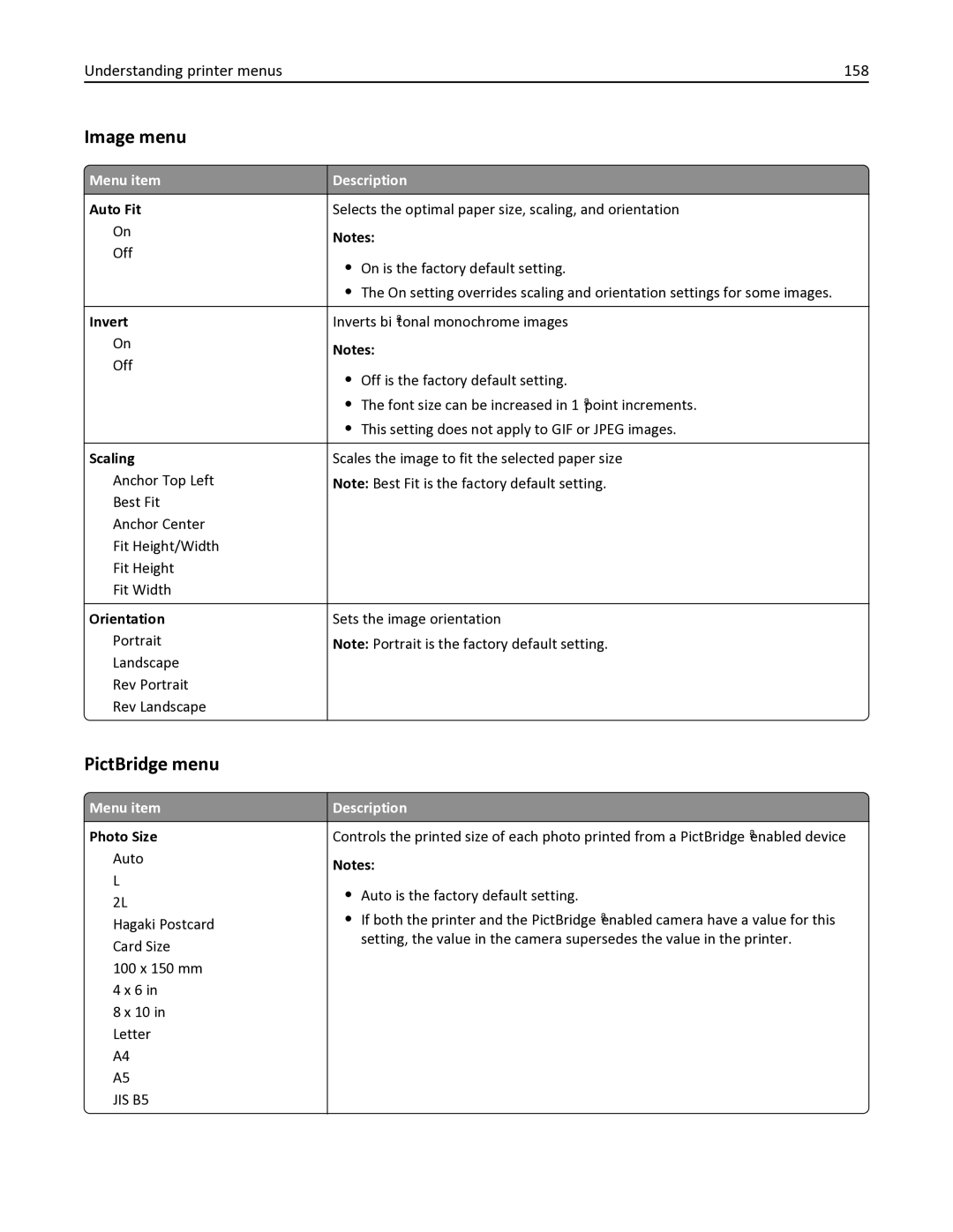 Lexmark 333, 387, 386, 383, 382, 356, 352, 332, 336, 337, 133, 138, 131 Image menu, PictBridge menu, Understanding printer menus 158 