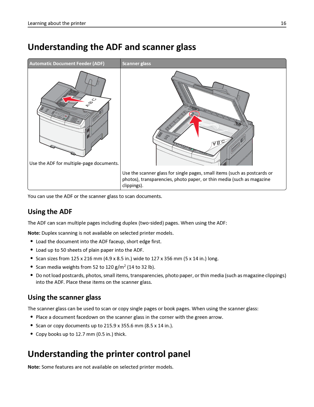 Lexmark 386, 387, 383, 382 Understanding the ADF and scanner glass, Understanding the printer control panel, Using the ADF 