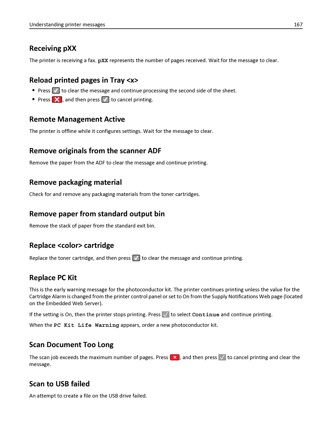 Lexmark 383 Receiving pXX, Reload printed pages in Tray, Remote Management Active, Remove originals from the scanner ADF 