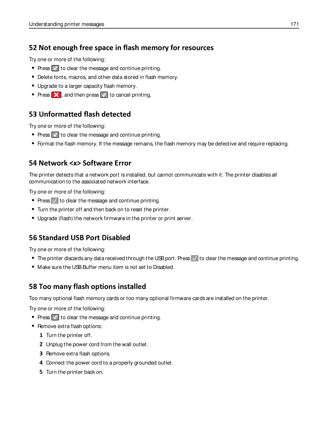 Lexmark 332, 387 Not enough free space in flash memory for resources, Unformatted flash detected, Network x Software Error 