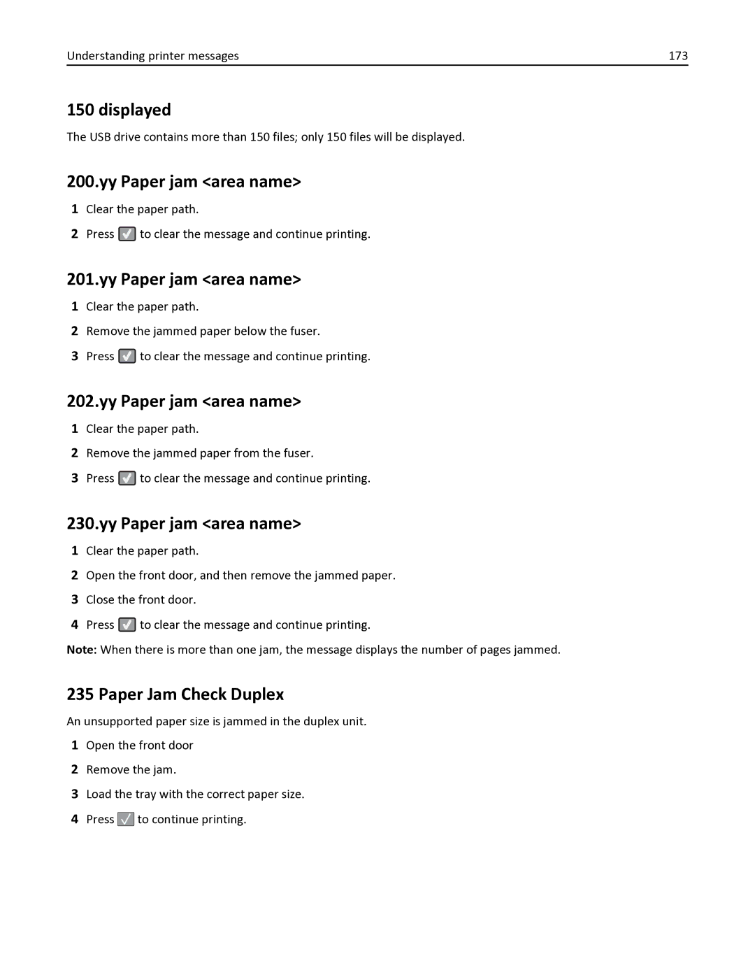 Lexmark 333, 387, 386, 383, 382 Displayed, Yy Paper jam area name, Paper Jam Check Duplex, Understanding printer messages 173 