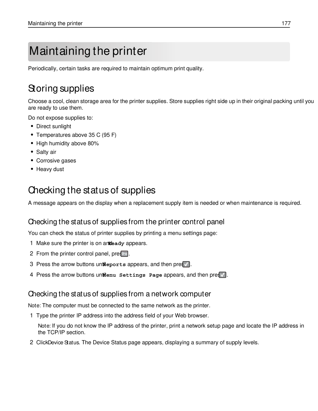 Lexmark 131, 387, 386, 383, 382, 356, 352 Storing supplies, Checking the status of supplies, Maintaining the printer 177 