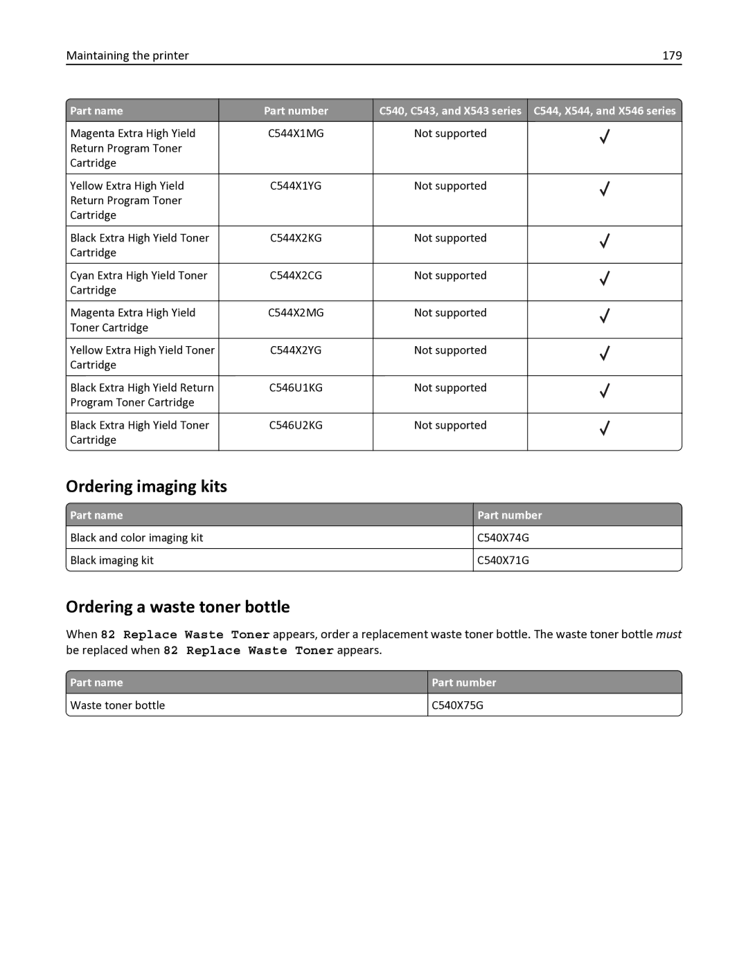 Lexmark X546DTN, 387, 386, 383, 382, 356, 352 Ordering imaging kits, Ordering a waste toner bottle, Maintaining the printer 179 