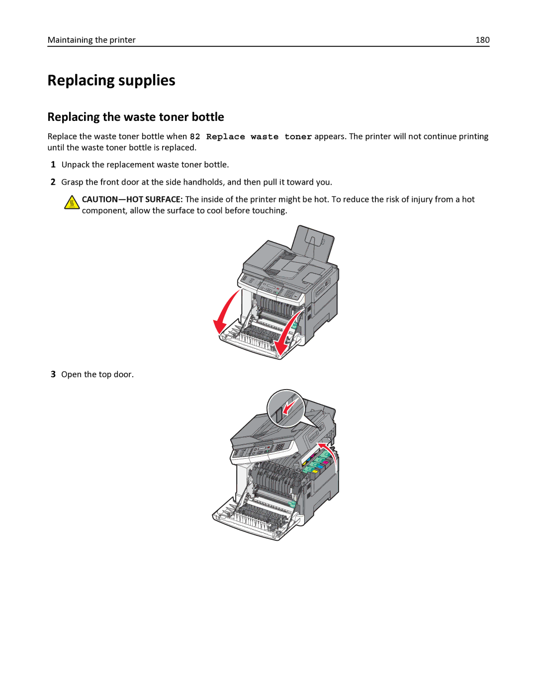 Lexmark 387, 386, 383, 382, 356, 352, 332, 336 Replacing supplies, Replacing the waste toner bottle, Maintaining the printer 180 