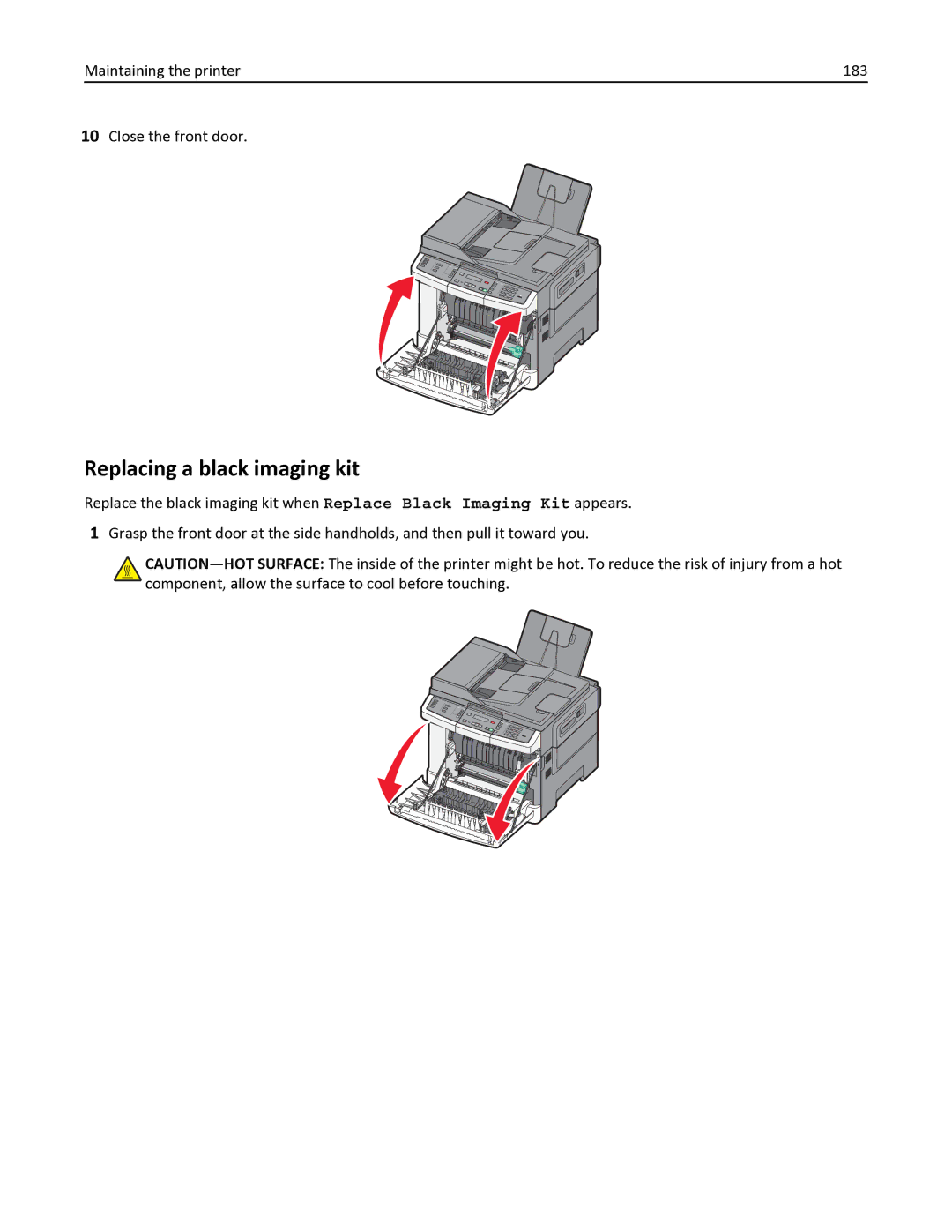 Lexmark 382, 387, 386, 383, 356, 352, 332, 336 Replacing a black imaging kit, Maintaining the printer 183 Close the front door 