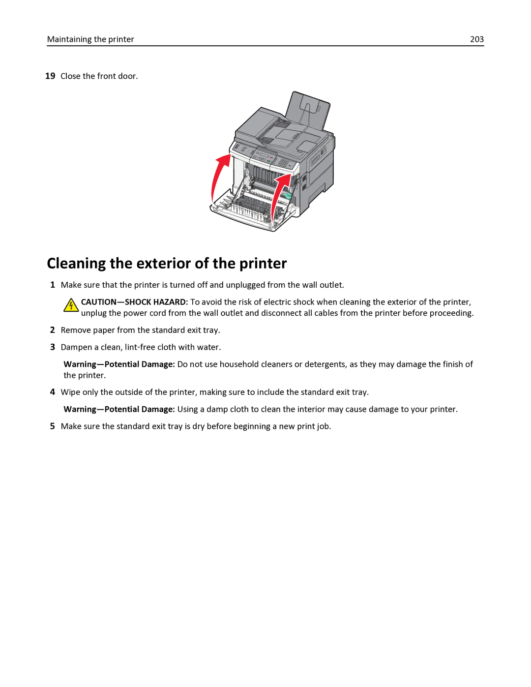 Lexmark 333, 387, 386, 383, 382, 356 Cleaning the exterior of the printer, Maintaining the printer 203 Close the front door 