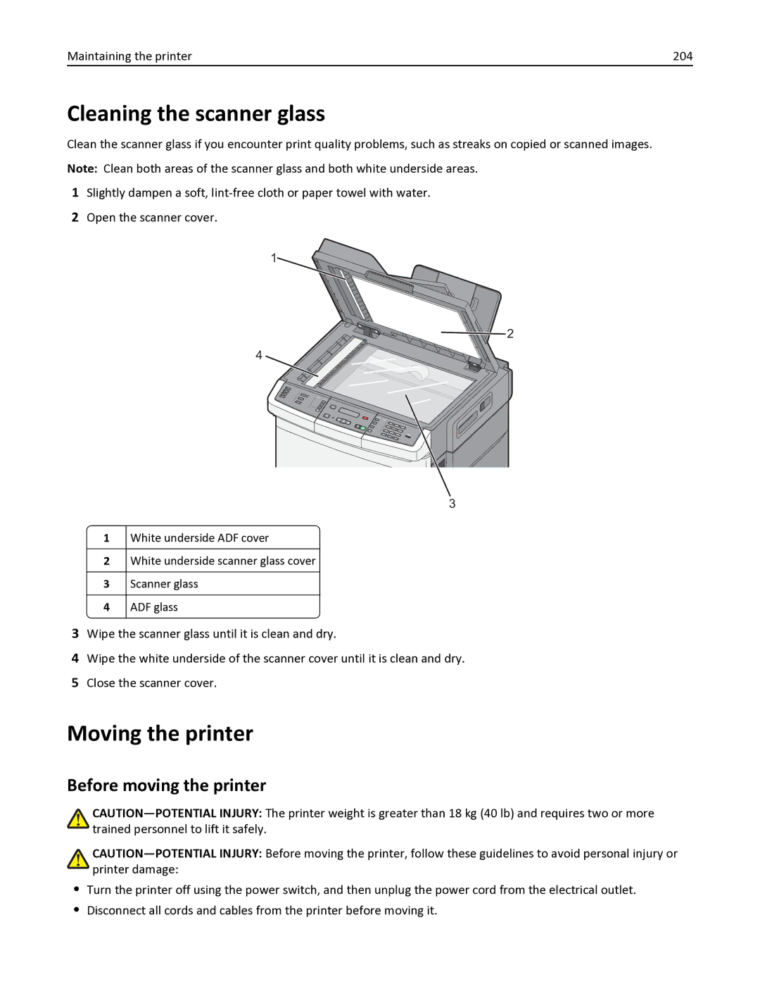 Lexmark 337, 387 Cleaning the scanner glass, Moving the printer, Before moving the printer, Maintaining the printer 204 