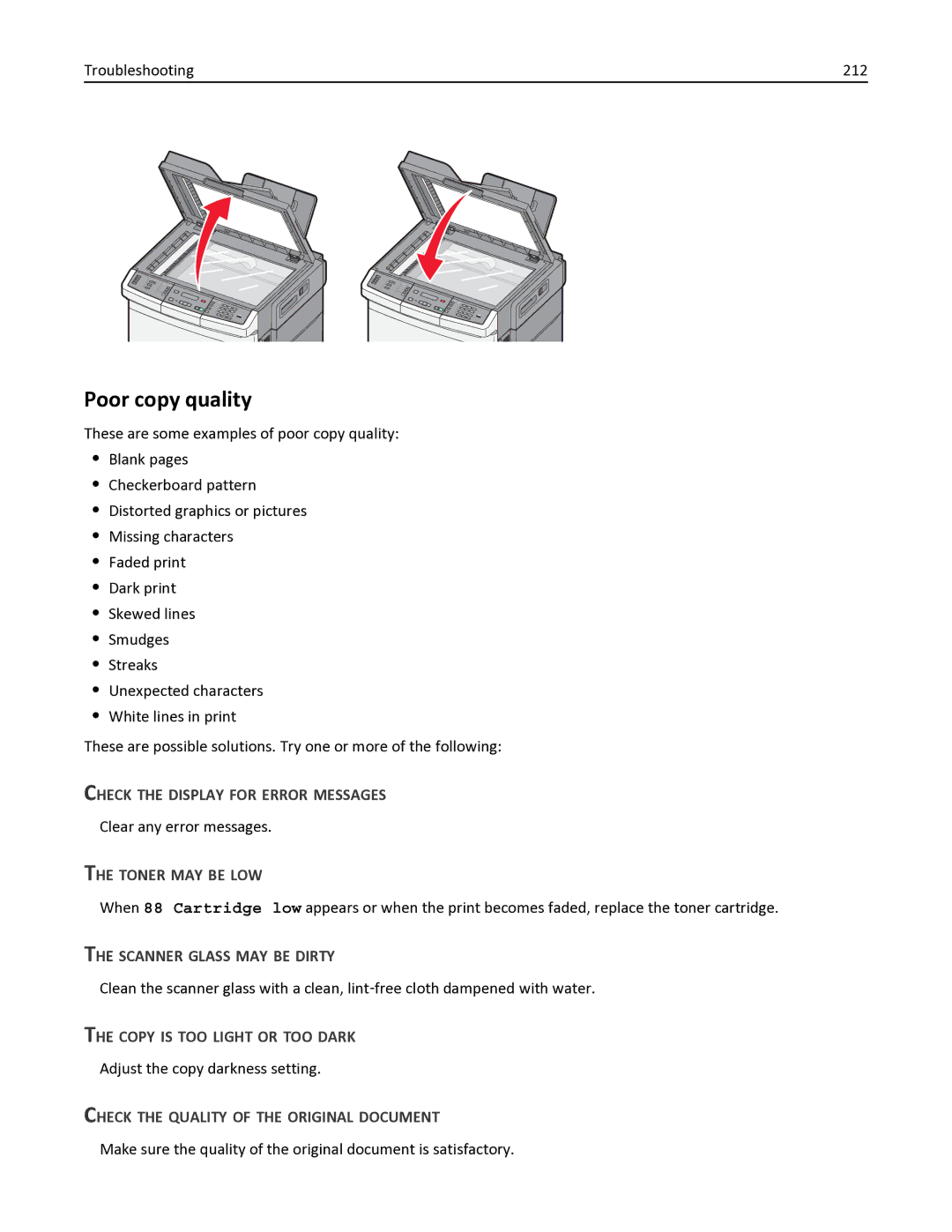 Lexmark 383, 387, 386, 382 Poor copy quality, Toner MAY be LOW, Scanner Glass MAY be Dirty, Copy is TOO Light or TOO Dark 