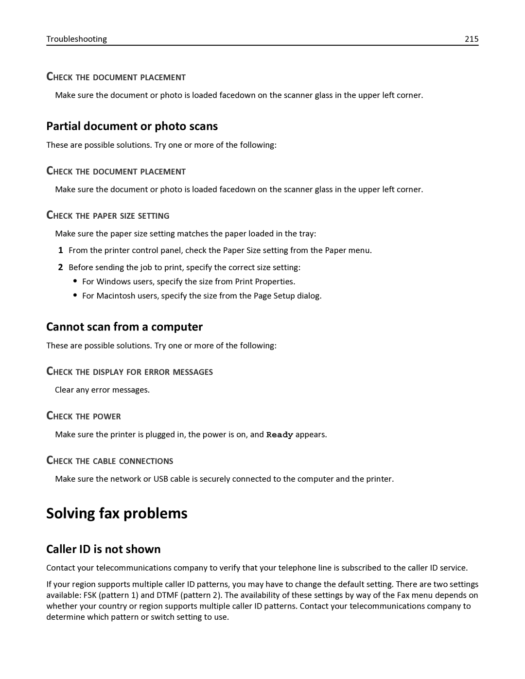 Lexmark 352 Solving fax problems, Partial document or photo scans, Cannot scan from a computer, Caller ID is not shown 