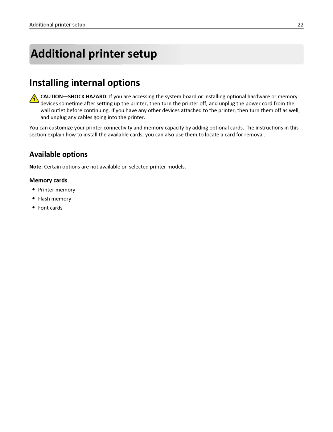 Lexmark 336, 387, 386, 383, 382, 356 Additional printer setup, Installing internal options, Available options, Memory cards 