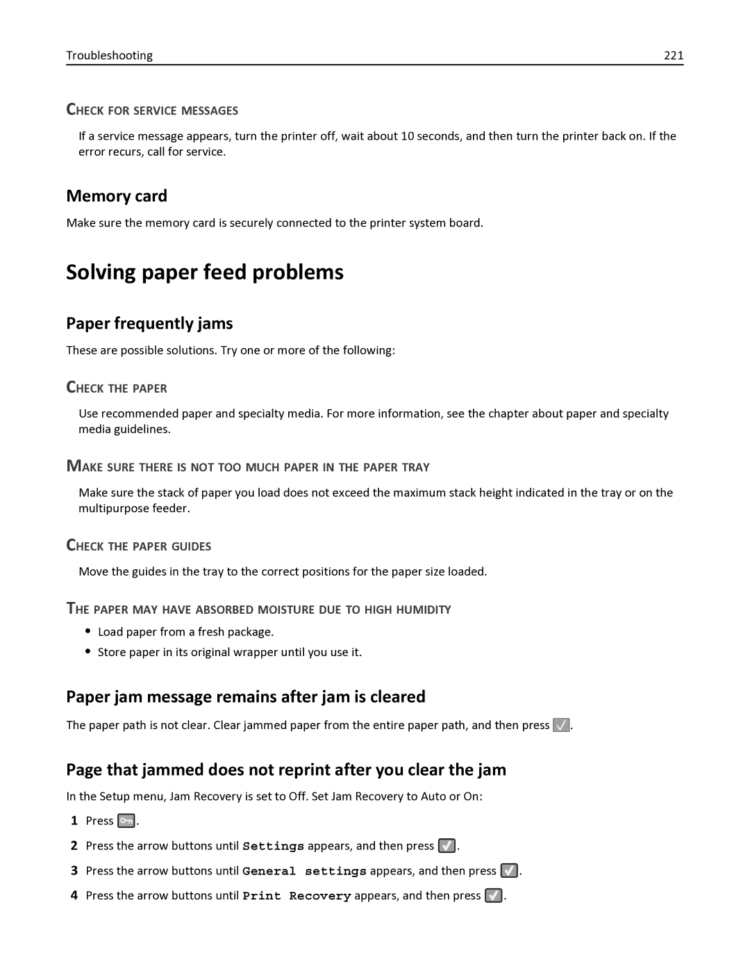 Lexmark 138, 387, 386, 383, 382, 356, 352, 332, 336, 333, 337, 133 Solving paper feed problems, Memory card, Paper frequently jams 