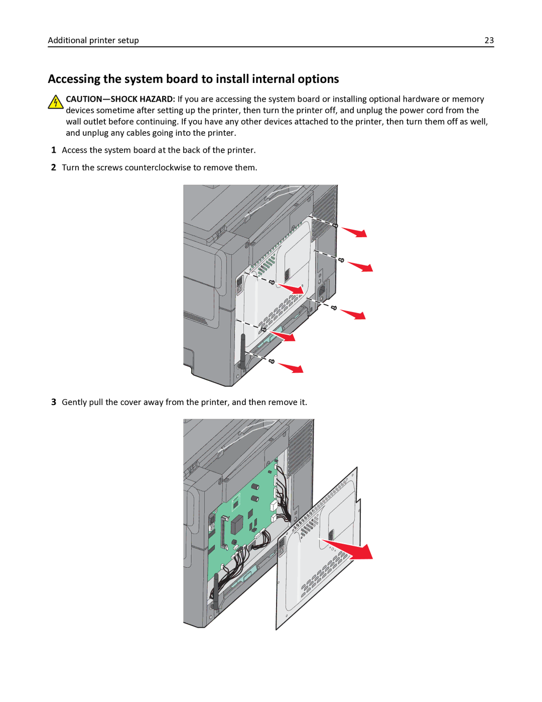 Lexmark 333, 387, 386, 383, 382, 356, 352, 332, 336, 337, 133, 138, 131 manual Accessing the system board to install internal options 