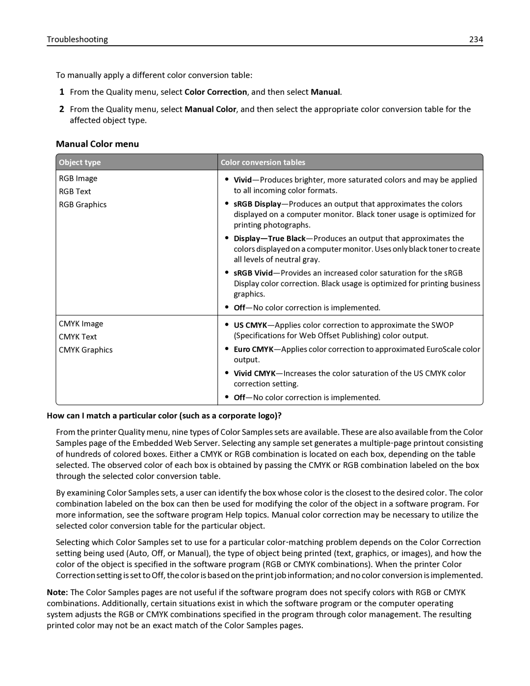 Lexmark 337, 387, 386, 383, 382, 356, 352, 332, 336, 333, 133, 138, 131 manual Manual Color menu, Object type Color conversion tables 