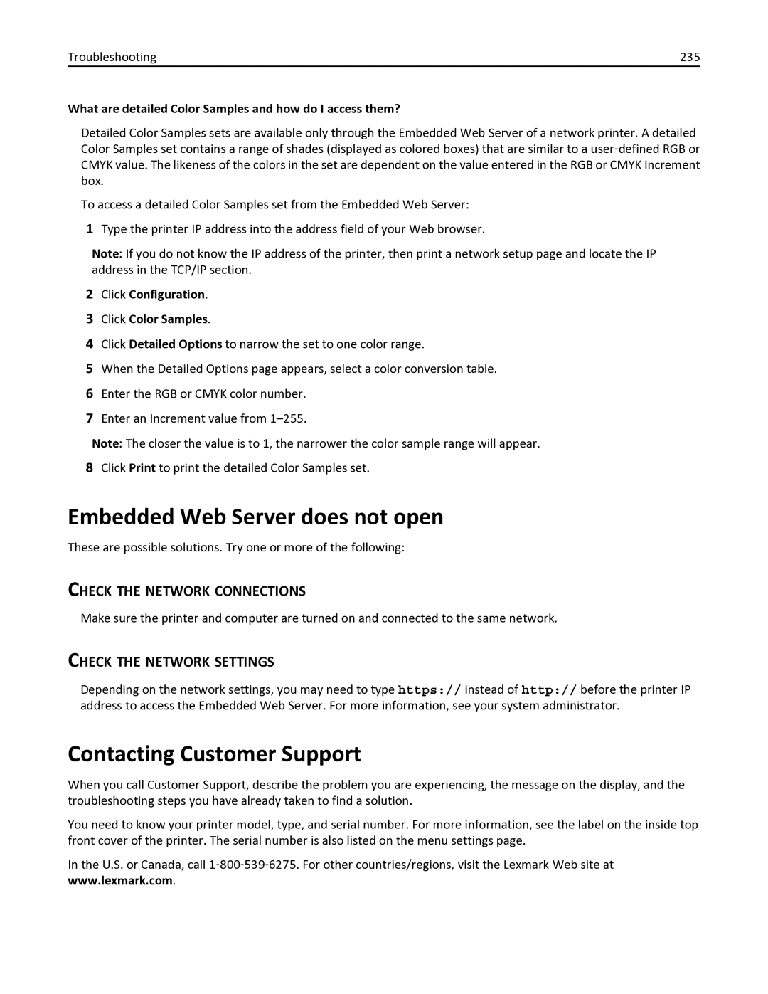 Lexmark 133, 387, 386, 383, 382, 356, 352 Embedded Web Server does not open, Contacting Customer Support, Troubleshooting 235 