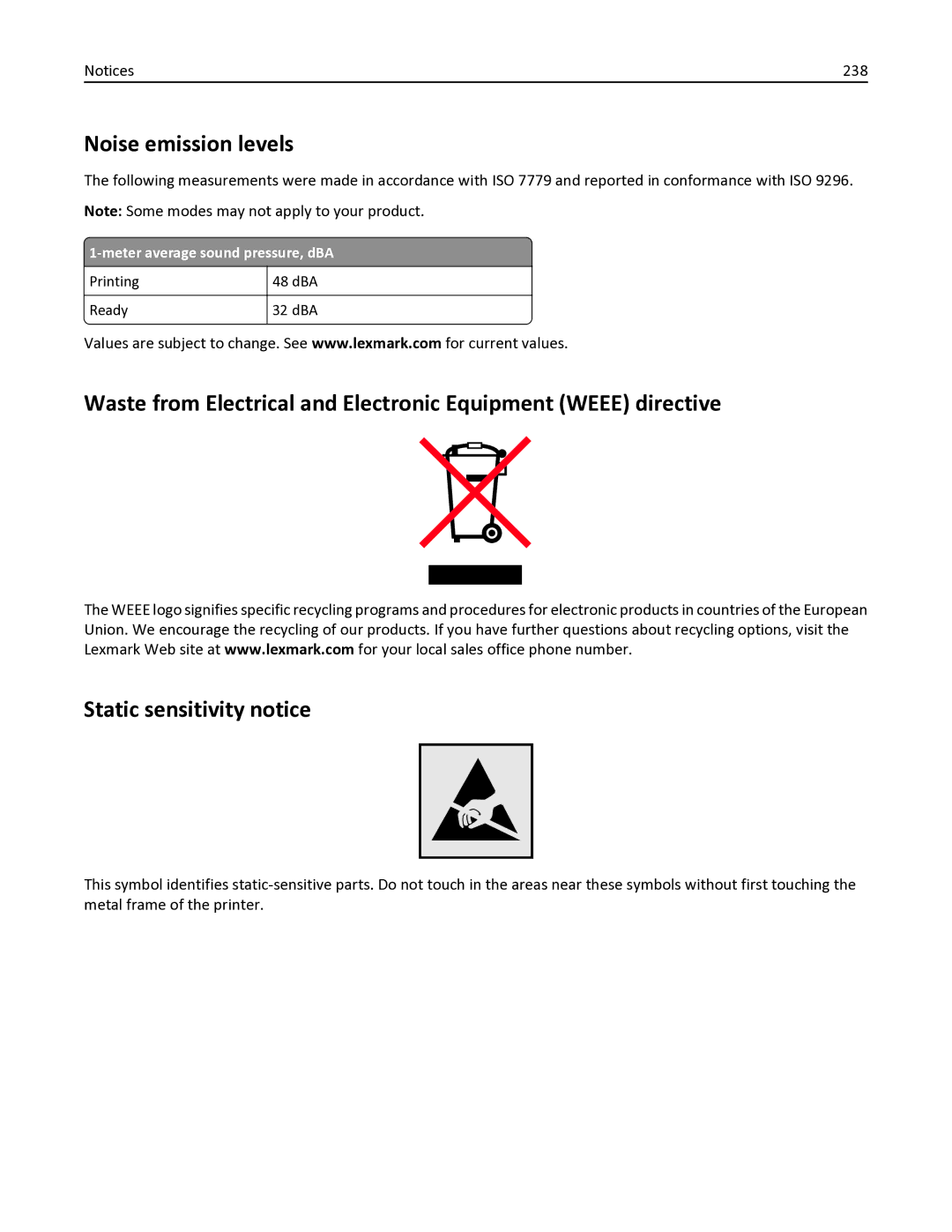 Lexmark 26C0235, 387, 386, 383, 382, 356, 352, 332, 336, 333, 337, 133, 138, 131, X546DTN manual Noise emission levels, 238 