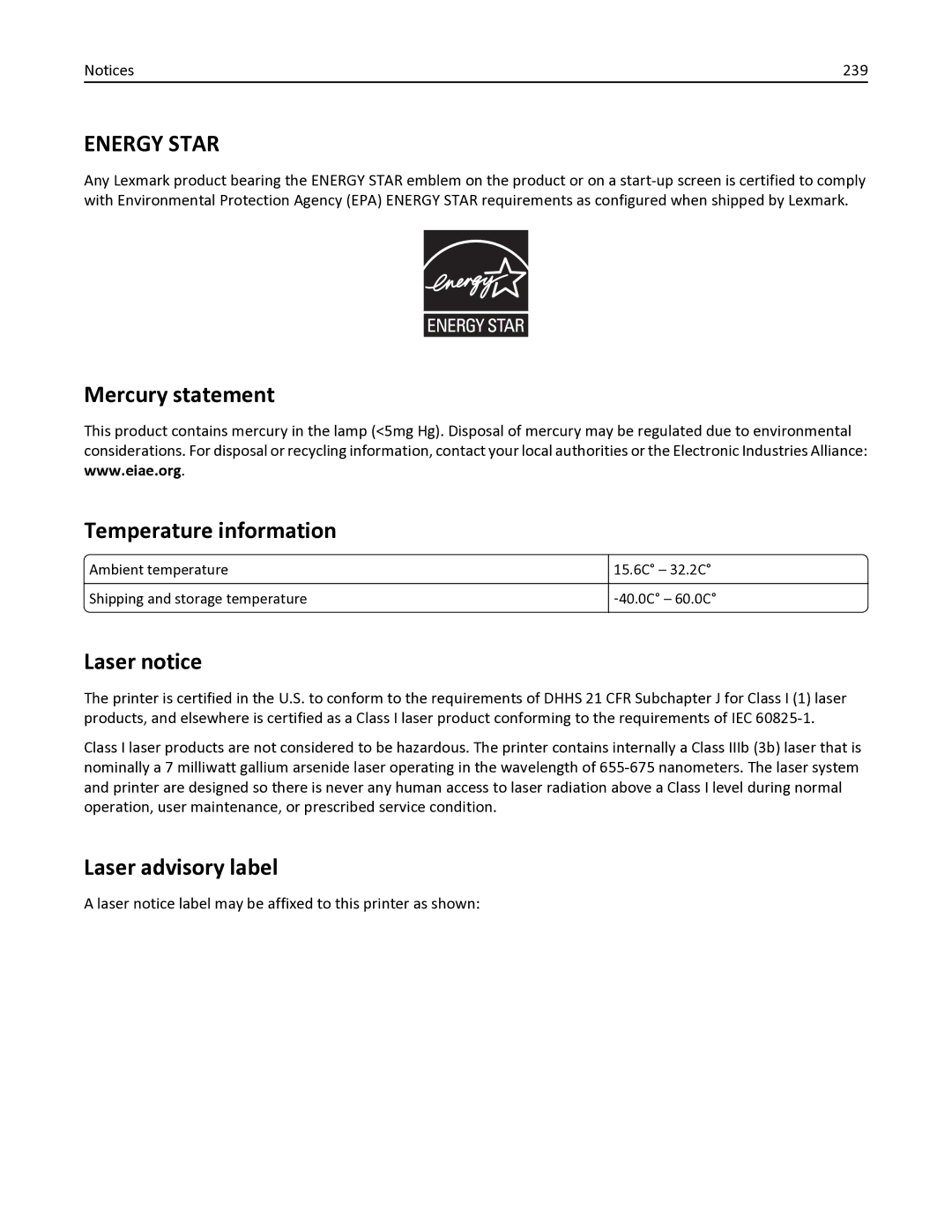 Lexmark X546DTN, 387, 386, 383, 382, 356 Mercury statement Temperature information, Laser notice, Laser advisory label, 239 