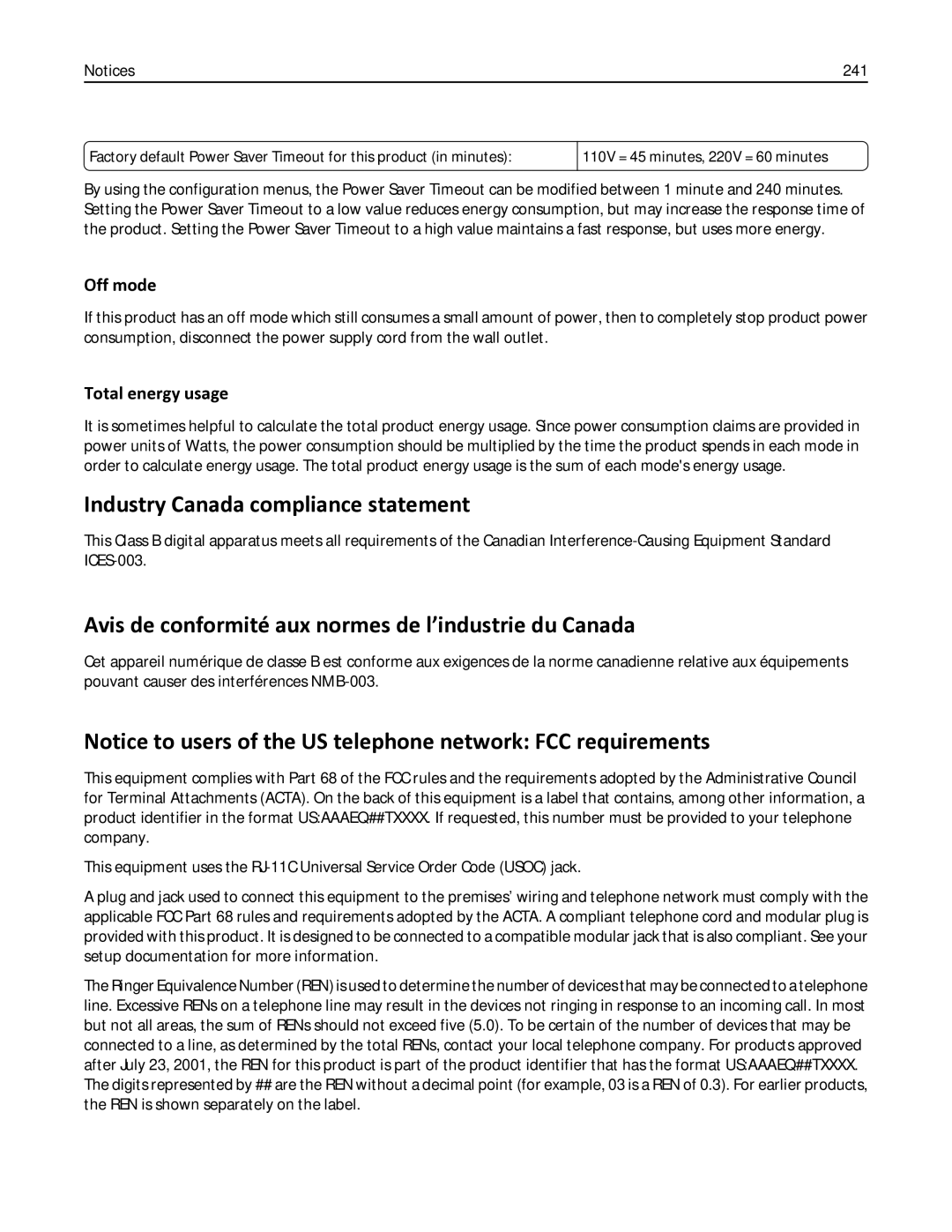 Lexmark 386 Industry Canada compliance statement, Avis de conformité aux normes de l’industrie du Canada, Off mode, 241 