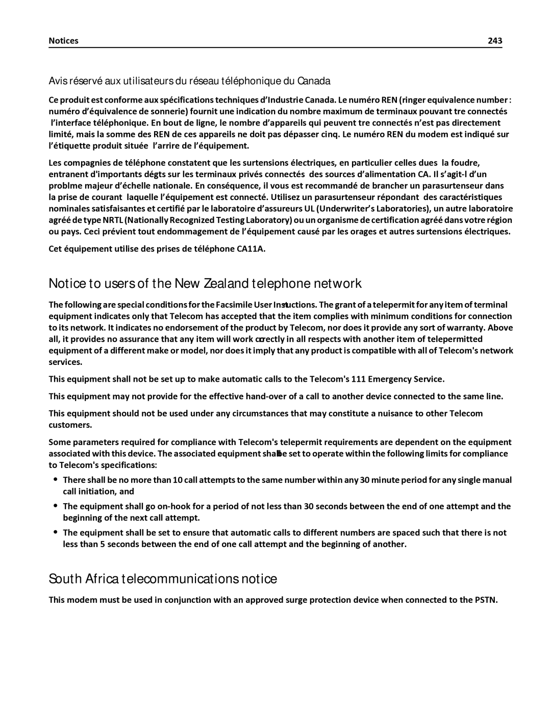 Lexmark 382, 387, 386, 383, 356, 352, 332, 336, 333, 337, 133, 138, 131, 26C0235, X546DTN South Africa telecommunications notice, 243 