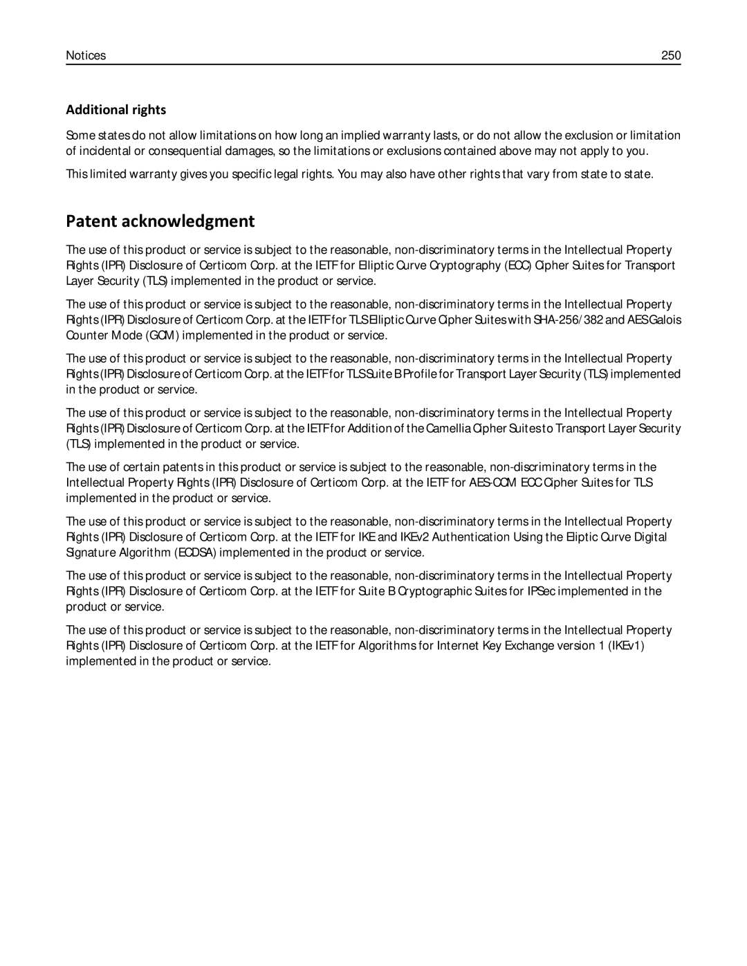 Lexmark 133, 387, 386, 383, 382, 356, 352, 332, 336, 333, 337, 138, 131, 26C0235, X546DTN Patent acknowledgment, Additional rights, 250 