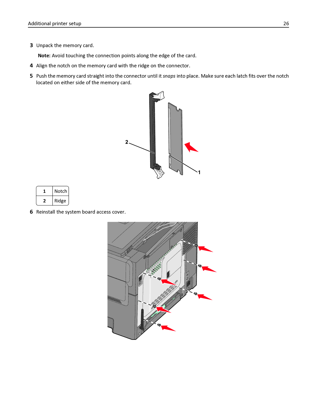 Lexmark 138, 387, 386, 383, 382, 356, 352, 332, 336, 333, 337, 133, 131, 26C0235 Reinstall the system board access cover, Notch, Ridge 