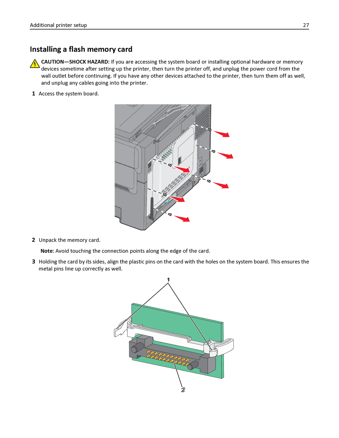 Lexmark 131, 387, 386, 383, 382, 356, 352, 332, 336, 333, 337, 133, 138, 26C0235, X546DTN manual Installing a flash memory card 